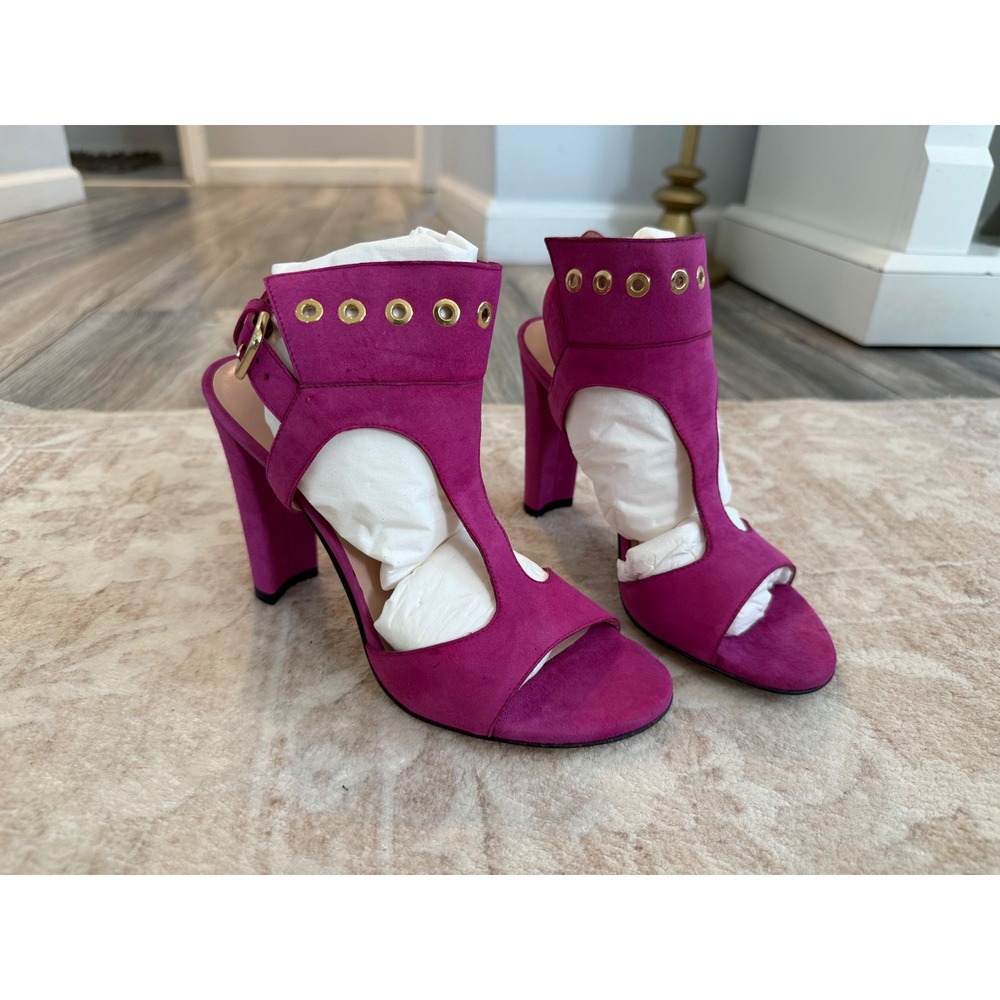 Stuart Weitzman Frenchcuff Fuchsia Suede Block Heel Sandals Grommet Pink